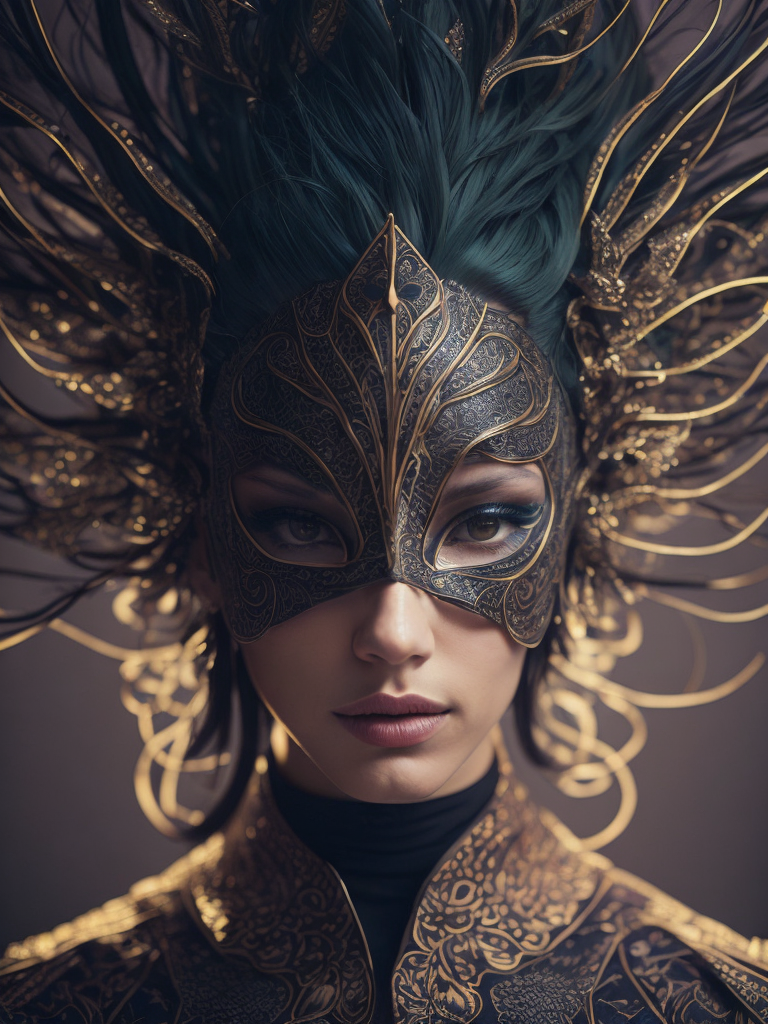 Centered detailed portrait of a masked woman wearing a venetian mask, vibrant peacock feathers, intricate, elegant, highly detailed, digital painting, artstation, smooth, sharp focus, illustration, illuminated lines, outrun, vaporware, intricate venetian patterns, cyberpunk darksynth, by audrey kawasaki and ilya kuvshinov and alphonse mucha