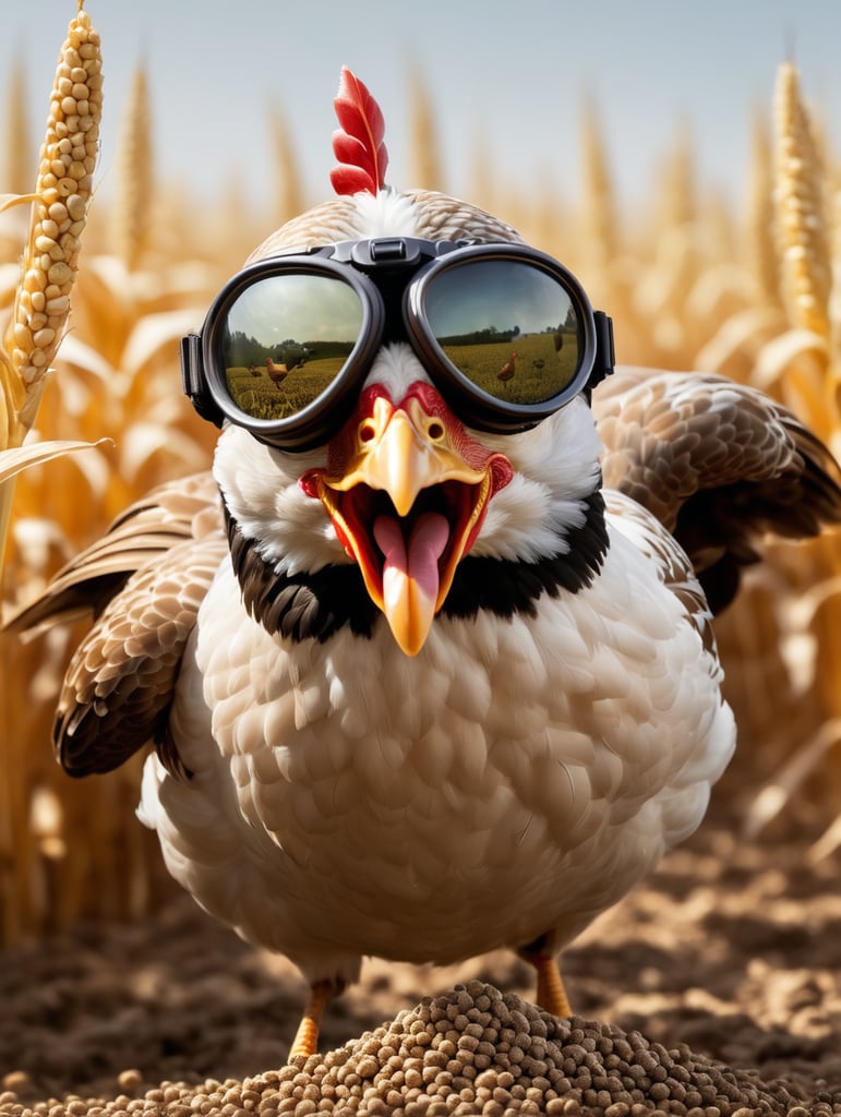 A medium-sized hen flies over a cornfield, with pellets of dirt shooting out from under its tail onto the field below. This same hen wears pilot goggles over its eyes and wears an aviator hat on its head.