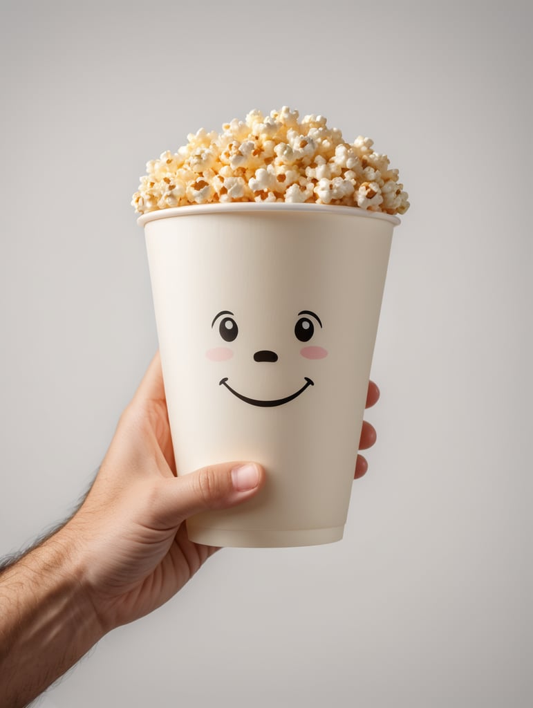 A cartoon hand is holding a popcorn cup, cartoon, 3d render, soft light, white background, mockup, mock up