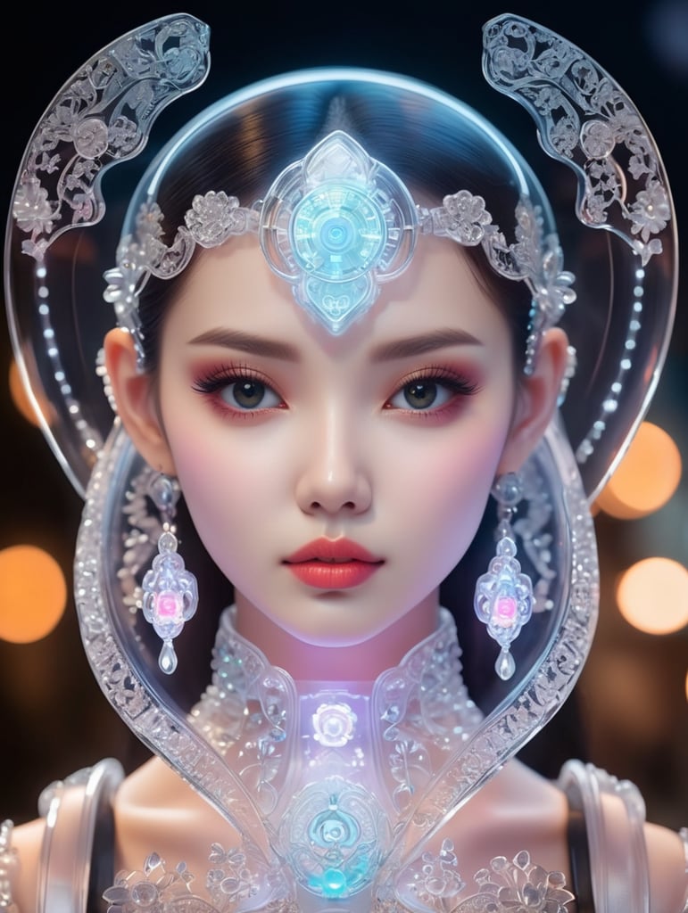 Cute aesthetic, a (tiny cute translucent polycarbonate women) with an led screen face, emoticon, stunning render, intricate details
