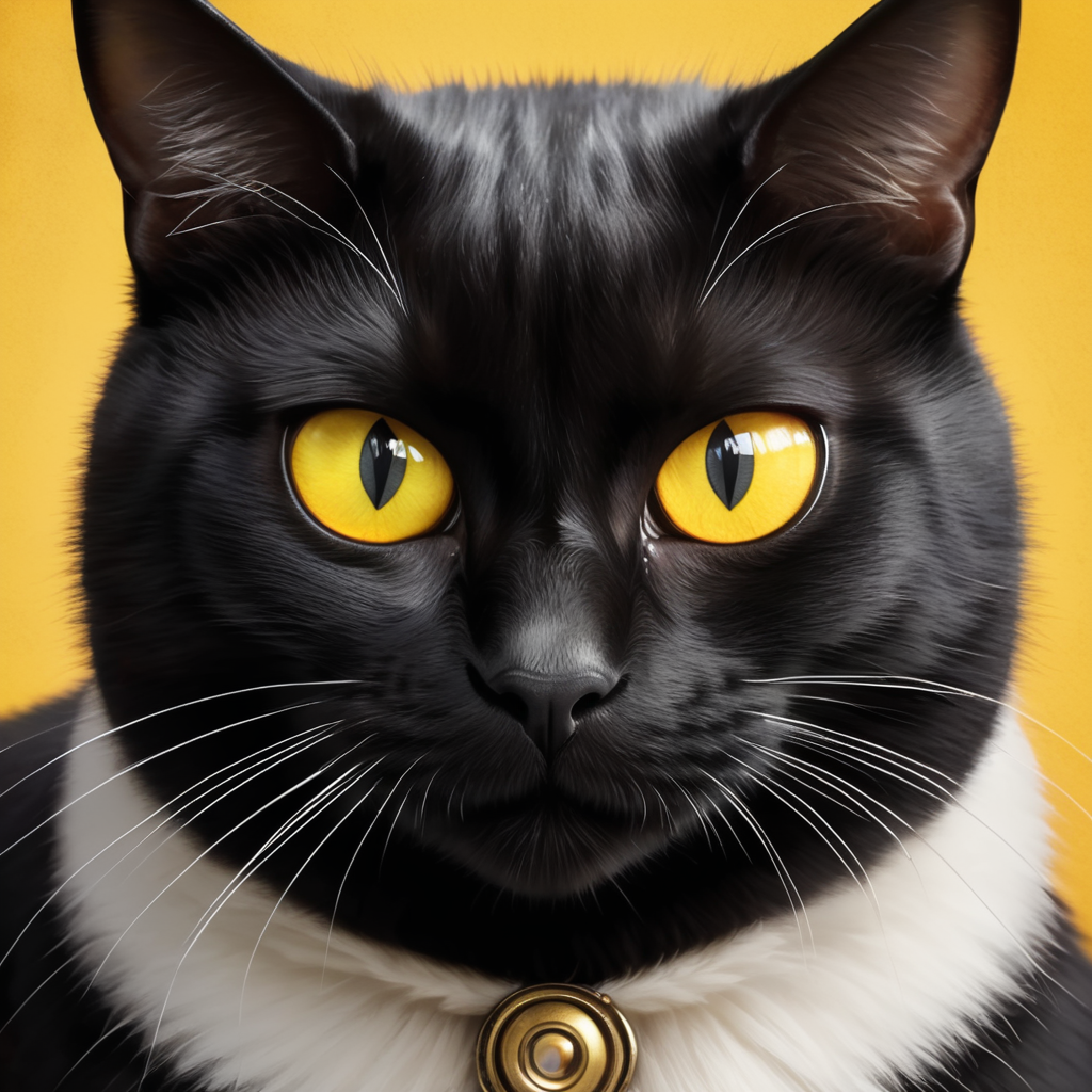 Постер фильма в стиле Disney Pixar черная кошка с белой грудью и белыми усами и желтыми глазами