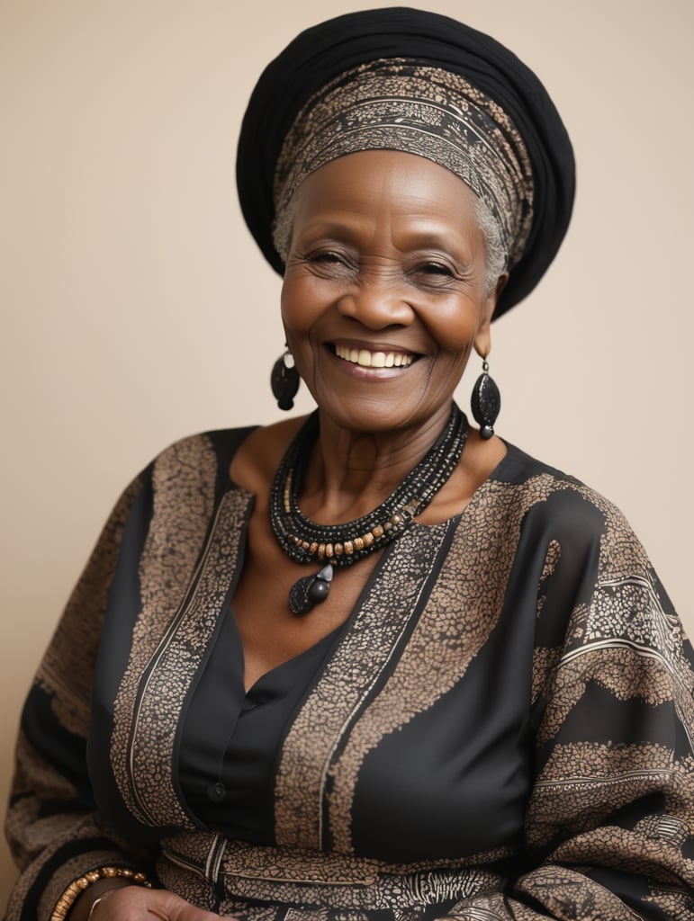 African elderly woman wearing a black African PATTERNED outfit while smiling at the camera