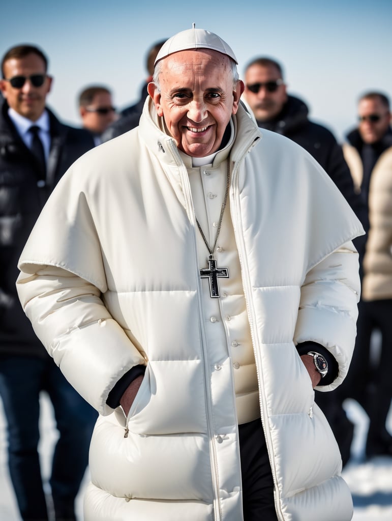 Professional photo of a glamour Pope Francis looking stylish in a white puffer jacket