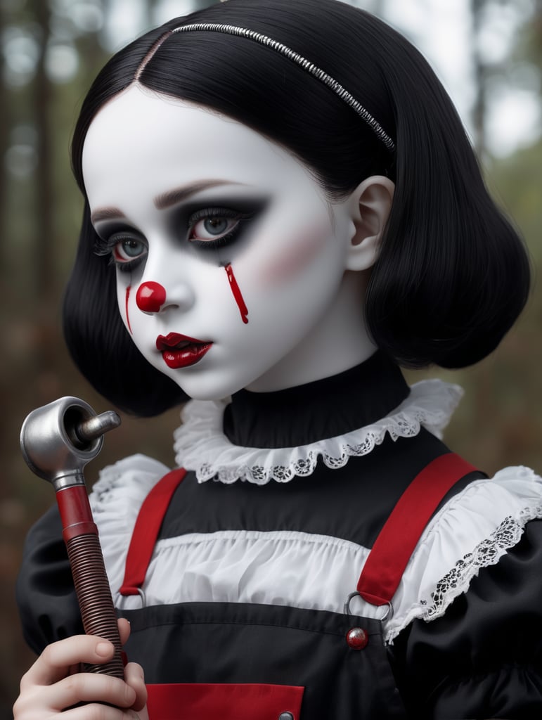 3d gothic porcelain dolls as mimes with tears of blood hyper realistic 8k holding a pipe wrench