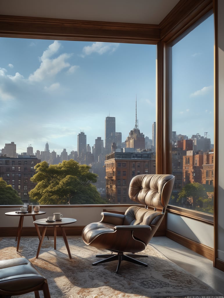 corner window of a understated luxury apartment, morning, sunrise, golden hour, calm feeling, coffee, exact same modern brazilian lounge chair of the reference image, light rug, soho new york view, playground view, a couple of trees in the playground, buildings in the view 5 stories tall. Light coming form the right side