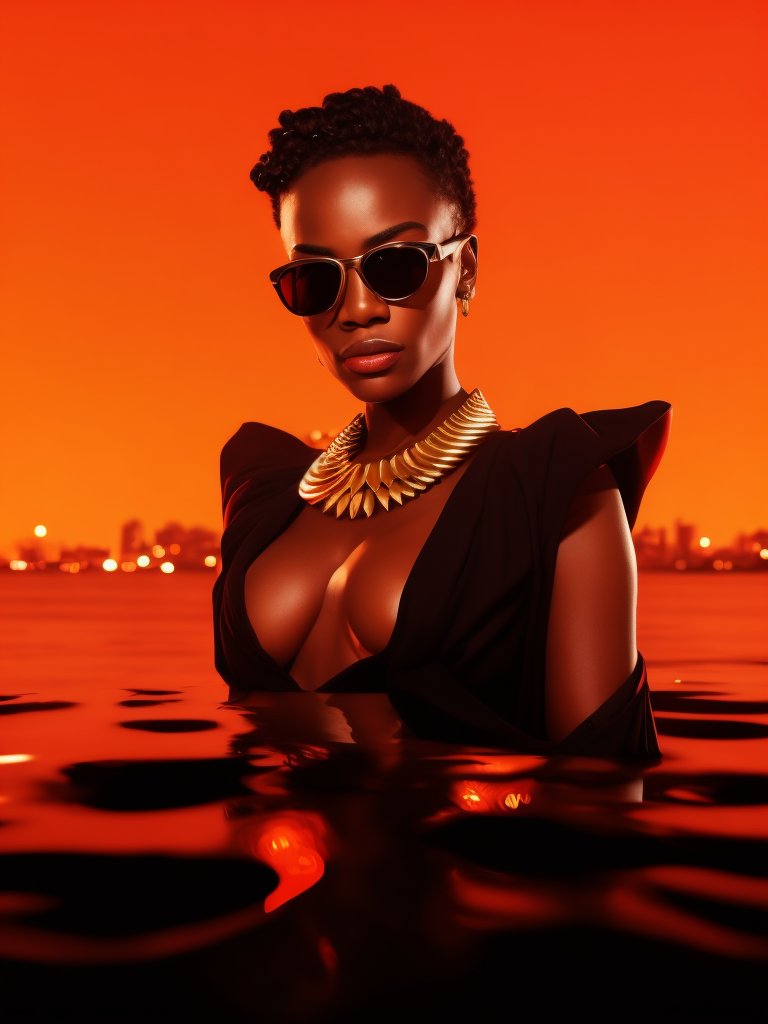 Black female model standing in waist-length black fluid, wearing black fashion dress, red lighting, black sunglasses, thick gold necklace around her neck, short haircut, red-orange background, fashion model, magazine cover, professional shot, magazine photography, bright saturated colors, sharp focus, highly detailed