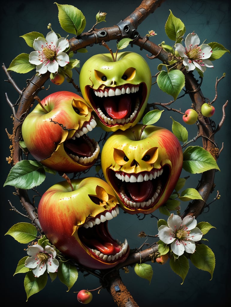 A twisted carnivorous toothy apple and apple flowers on a long branch mad laughing in pop art style, with a texture of rusted iron