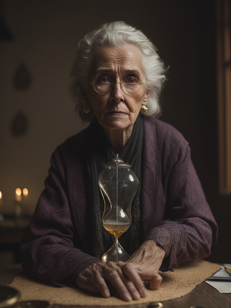 "The old lady sits at the table, with an hourglass standing in front of her. The sand inexorably moves, dwindling, while old age deepens, and a sense of hopelessness prevails."