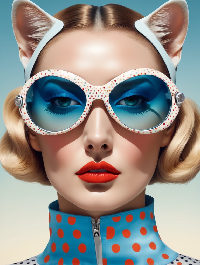 front portrait Photography, transparent porcelain printed with multicolor pop polka dots, pop Courreges air hostess cat woman mask with sunglasses , an attractive, 80 degree view, art by Sergio Lopez , Natalie Shau, James Jean and Salvador Dali