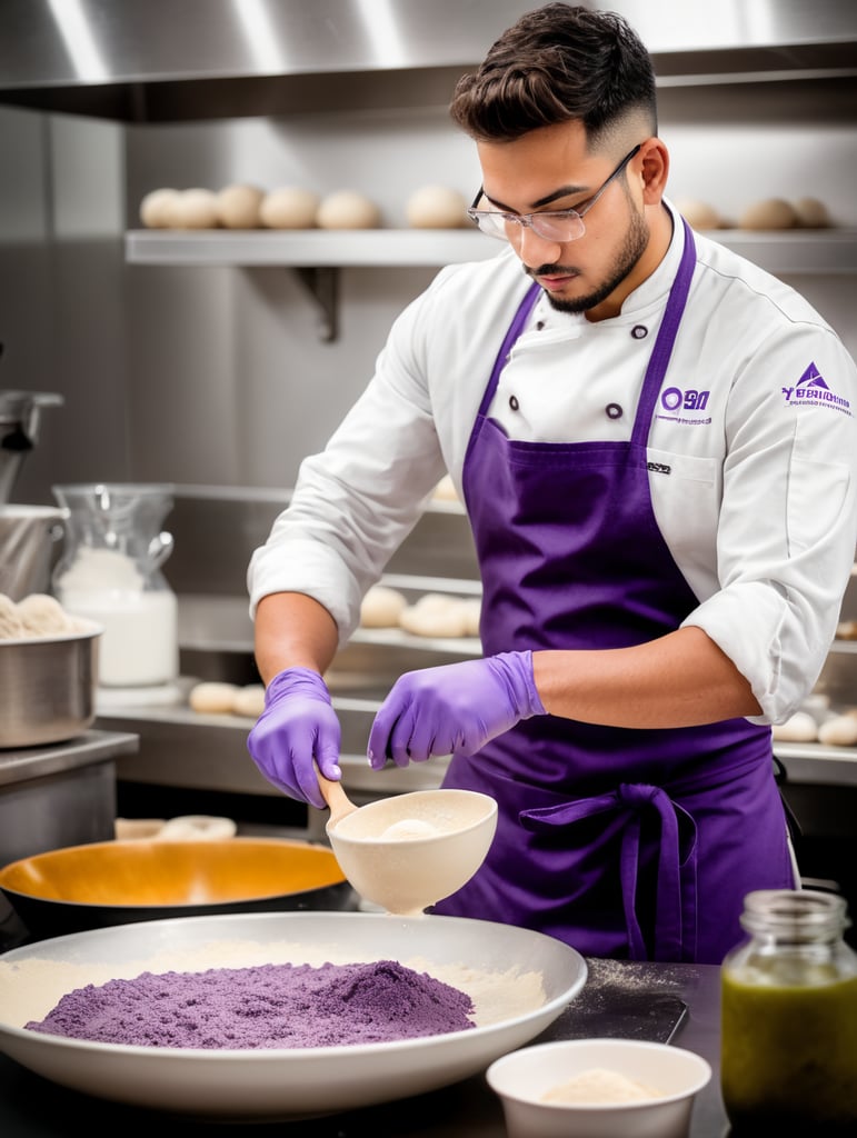 Estudiante de gastronomía amasando en un laboratorio de gastronomía viendo al frente con delantal morado