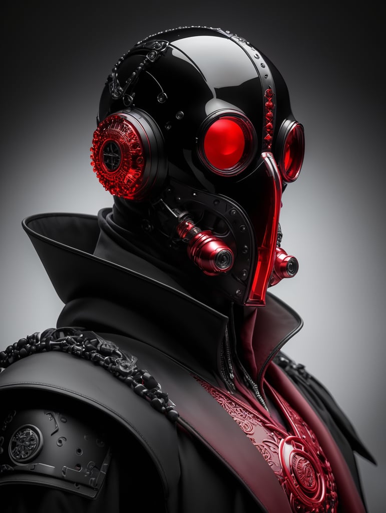 Matte black cyborg humanoid plague doctor, crimson, black on black, octane render, translucent, transparent, realistically detailed, soft light, evoking, Nobuo Sekine