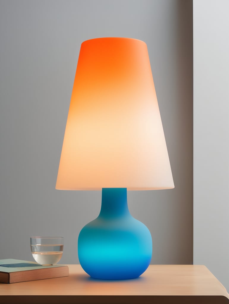 A contemporary minimalist semi-translucent silicone lamp with vibrant cyan blue and orange gradient colors as if designed by hi studio.