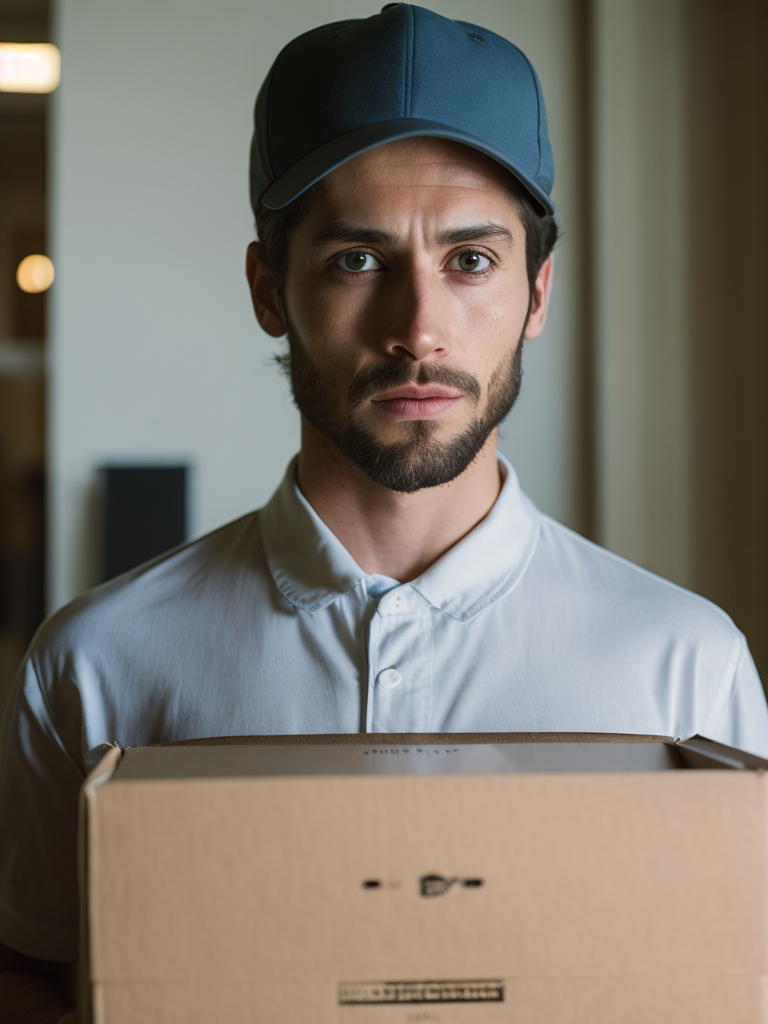 portrait of a delivery transgender, wearing a white cap and white t-shirt, holding a box