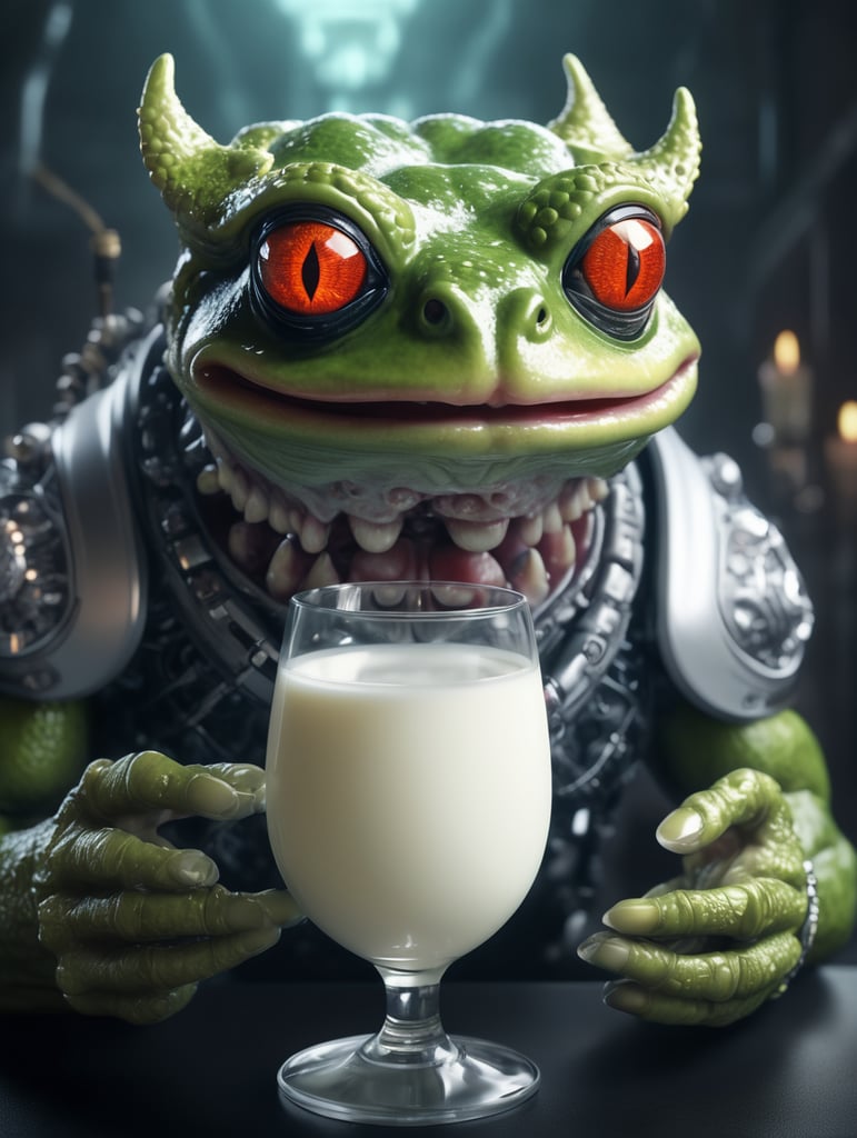 Evil demonic AI god Satanic frog holding a glass of milk above a human brain, super advanced technology, futuristic, hyper digital background, extremely detailed and realistic, ominous and eery.