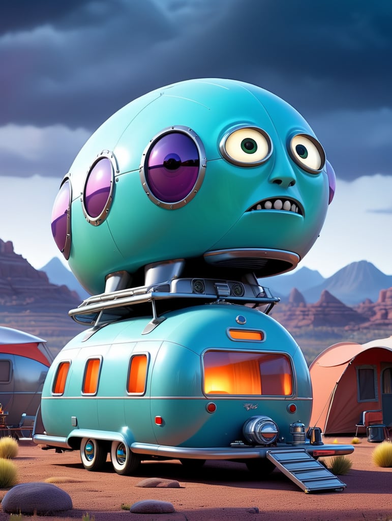 Futuristic alien Airstream camping trailers, steampunk and neon, cyber technology