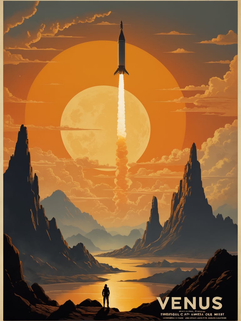Ein Vintage-Reiseplakat für Venus im Hochformat. Die Szene zeigt die dicken, gelblichen Wolken der Venus mit der Silhouette eines sich nähernden alten Raketenschiffs. Geheimnisvolle Formen deuten auf Berge und Täler unter den Wolken hin. Der untere Text lautet: „Explore Venus: Beauty Behind the Mist“. Das Farbschema besteht aus Gold-, Gelb- und sanften Orangetönen und erweckt ein Gefühl des Staunens.