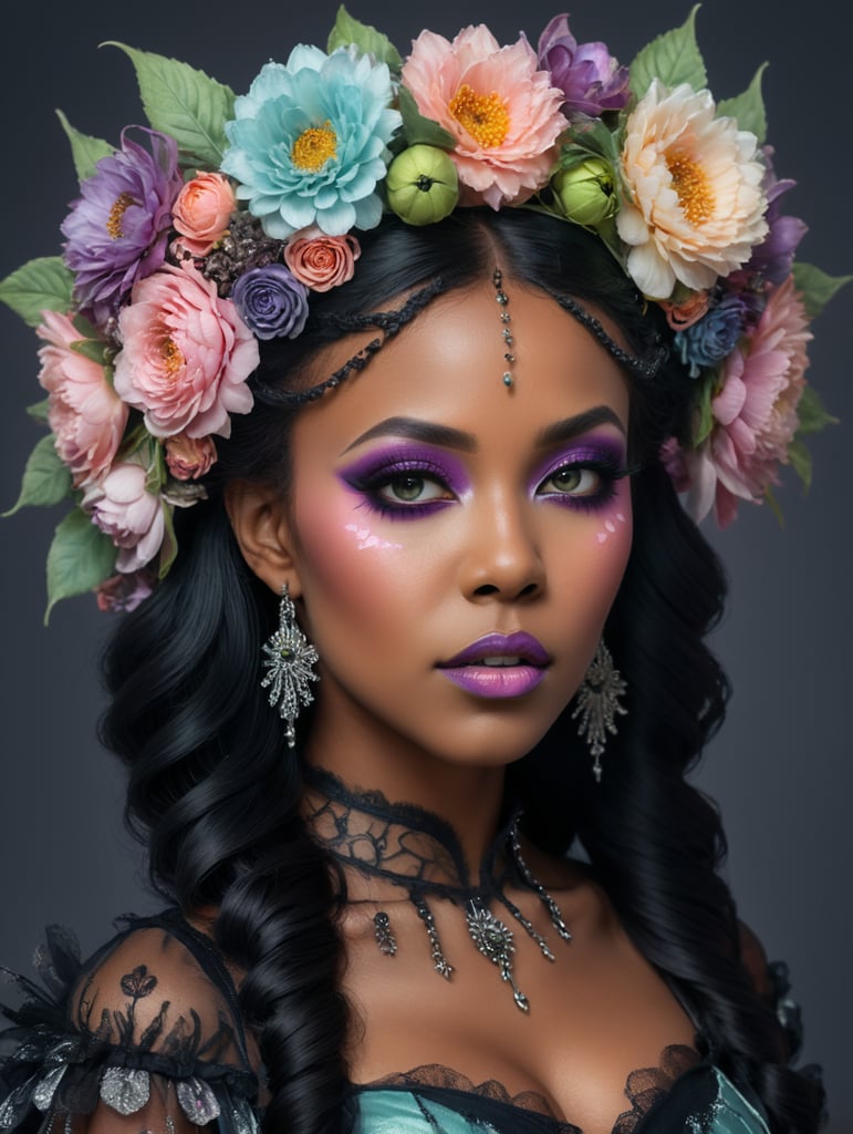 Hd photography, photograph, 3 4 pose, black woman, pastel gothic makeup, fairy goth, gothic style, pastel, beauty portrait, big flowers headband, big flower crown
