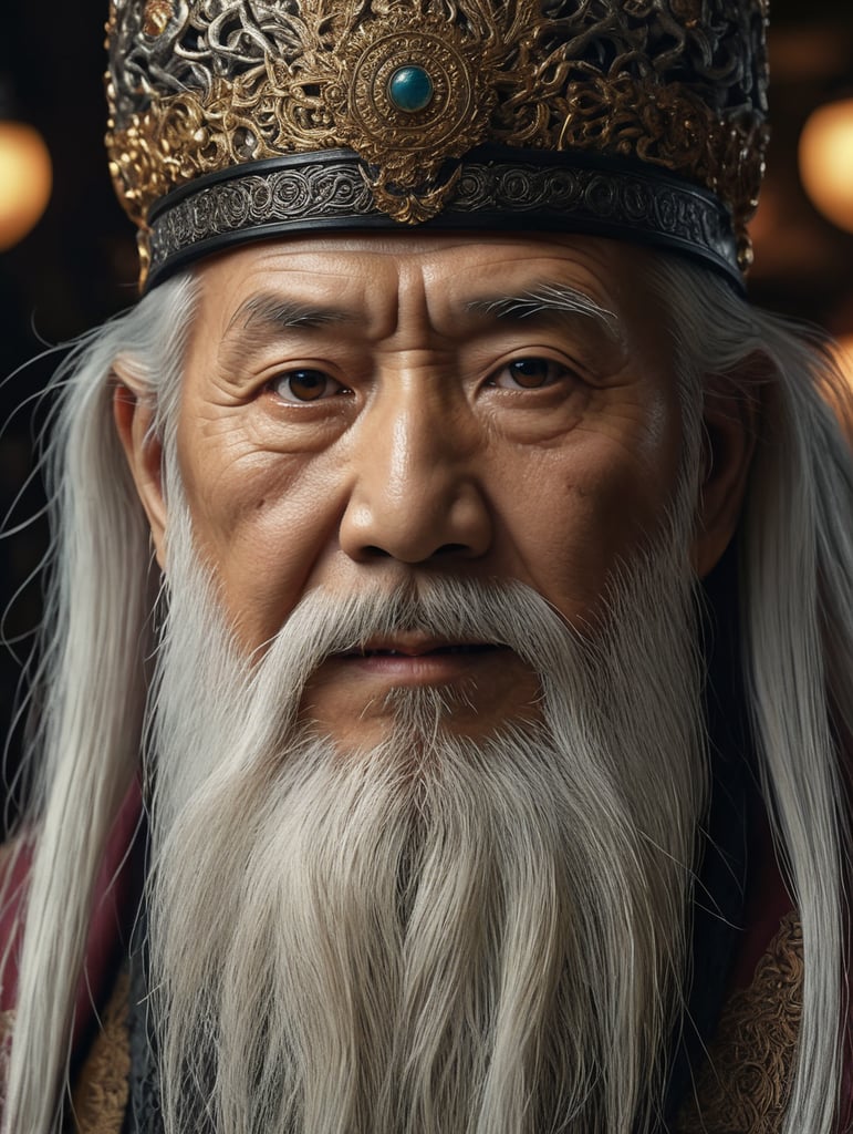 Wise old japanese man from tokyo with a long white beard, intricate, sharp focus, fantasy, cinematic lighting, other worldy, surreal 8k photo, dark moody aesthetic
