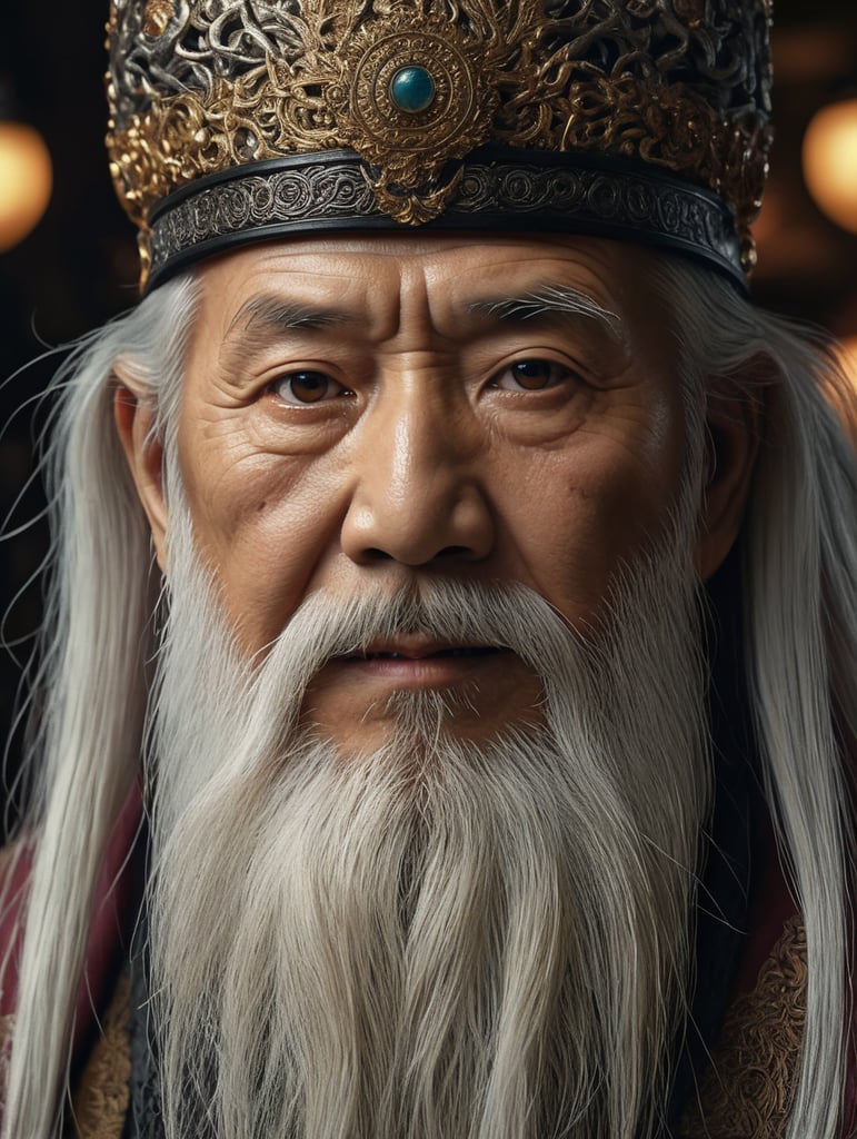 Wise old japanese man from tokyo with a long white beard, intricate, sharp focus, fantasy, cinematic lighting, other worldy, surreal 8k photo, dark moody aesthetic