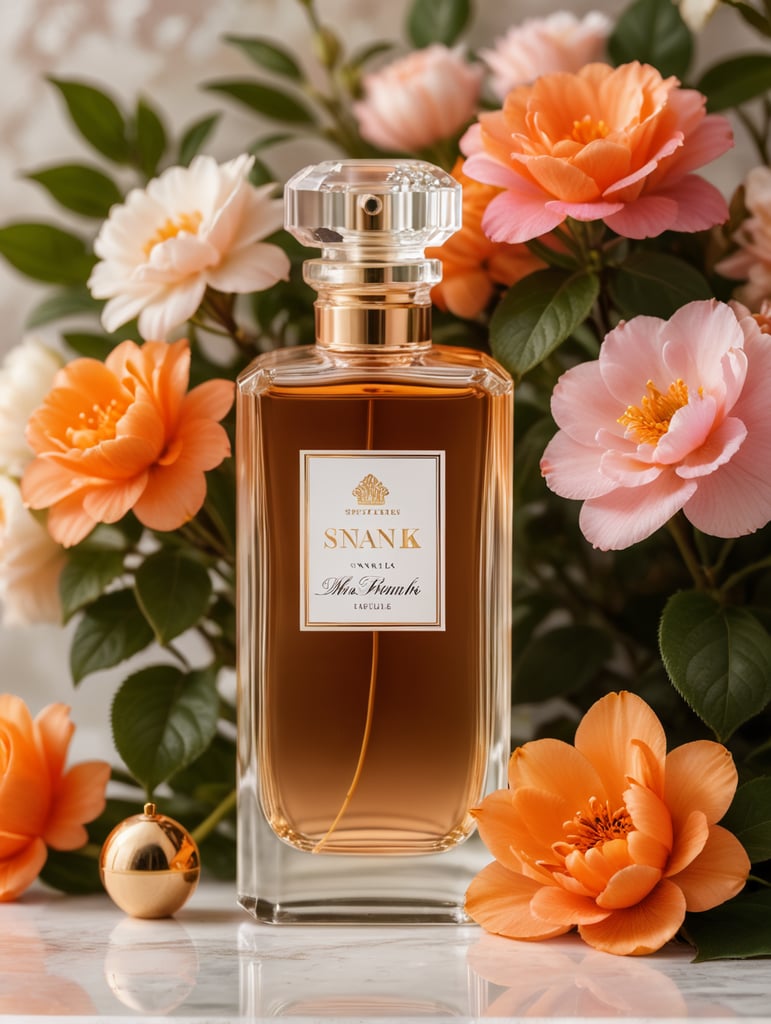 Luxury perfume bottle with blanc label, snak next to the bottle, floral background, pink and orange flowers