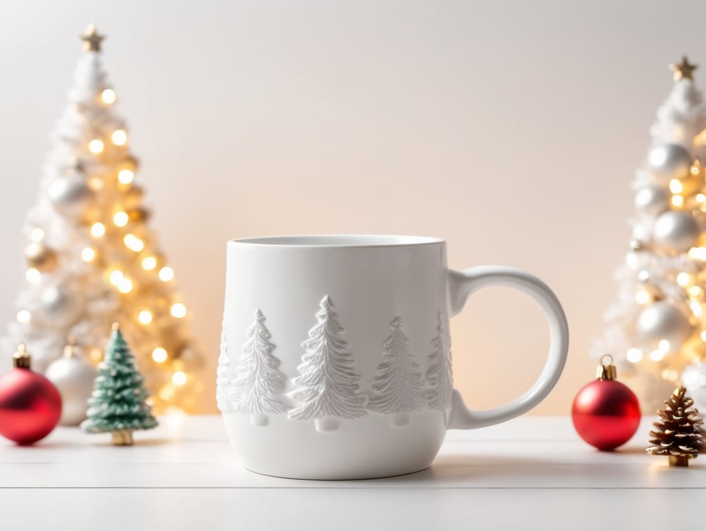 blank White ceramic mug, Christmas style photo, Christmas toys, Santa, mock up, mockup