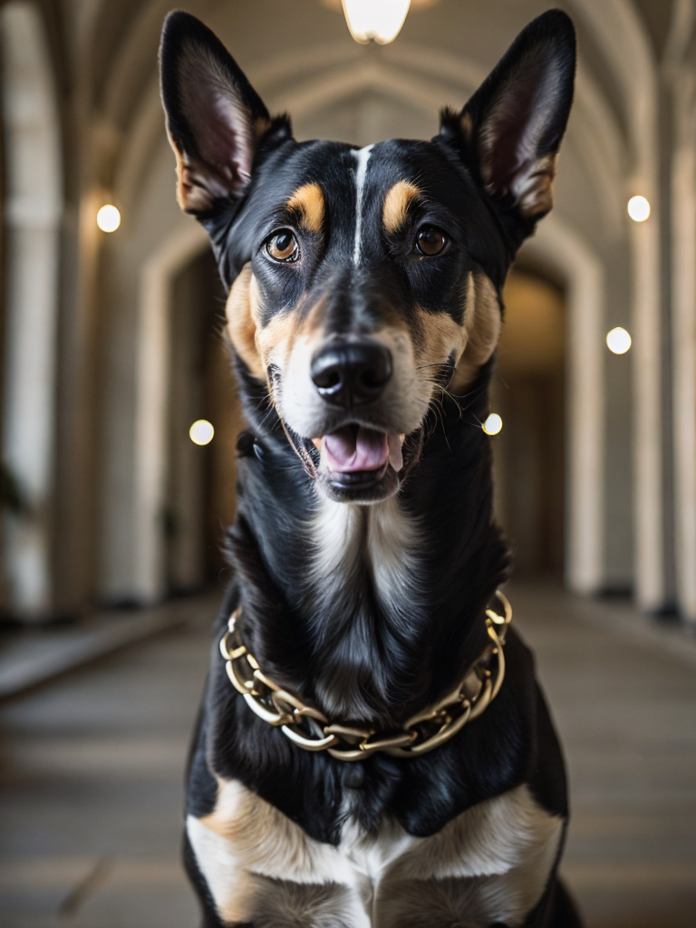 Podengo dog, golden chain, aggresive look, in front of a castle, dramatic Lighting, Depth of field, Incredibly high detailed, deep colors, professional photo