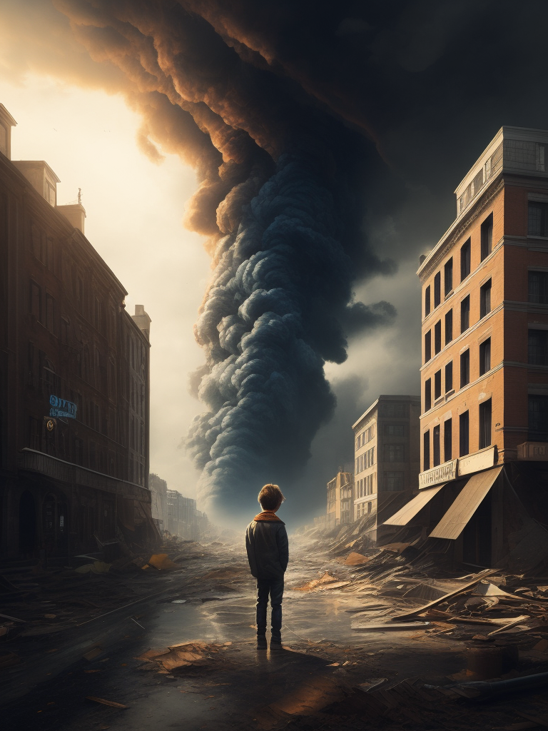 a 1child standing, sadness, oil painting, a massive swirling tornado swept through city, ultra-wide shot, destructive, natural disaster, cold color, epic composition, epic proportion, masterpiece, award winning, HD, 64K,