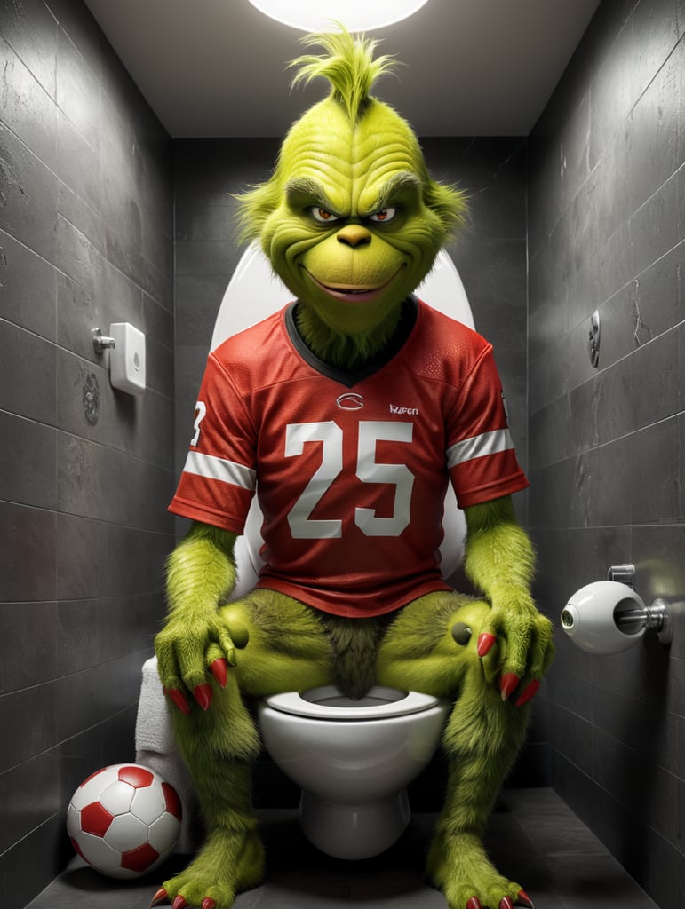 The Grinch wearing a football jersey, he has an evil grin and he is sitting on a toilet bowl in the shape of a football helmet