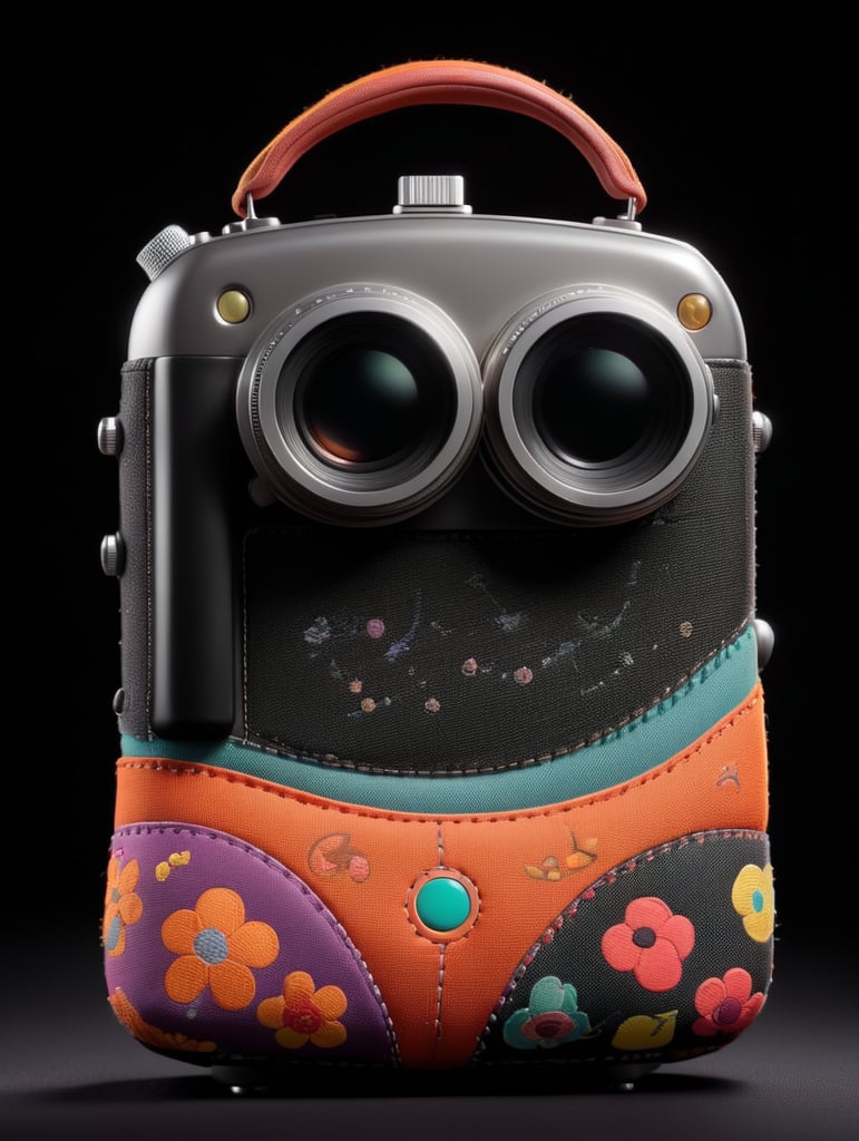 leica camera, decorated with textile, fabric case, isolated, black background