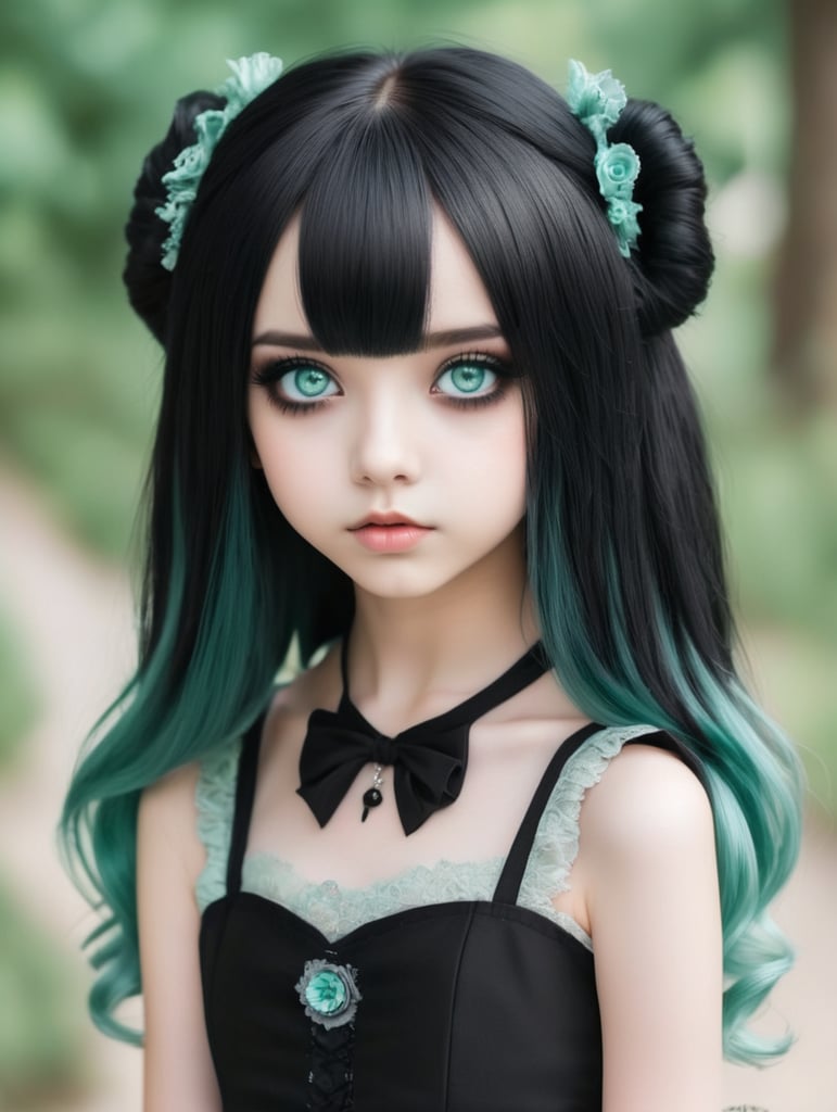 Cute goth girl with black dress black hair and seafoam eye colour