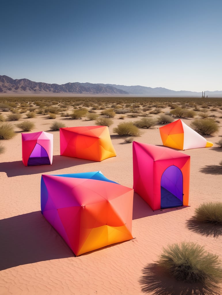4 prismas inflables en medio del desierto inspirados en la arquitectura de Luis Barragán, con colores vibrantes y degradados.