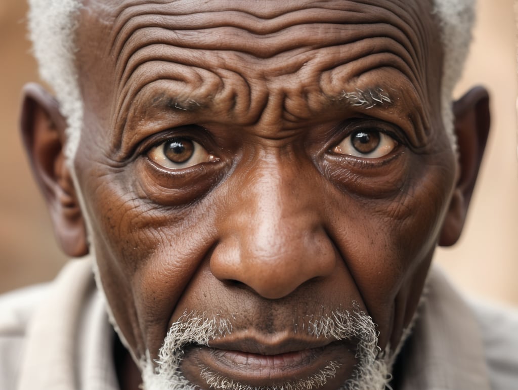 Visage hyper détaillé d'un vieu africain essayant forçant pour voir à travers la caméra, il est étonné comme s'il ne croyait pas à ce qu'il voyait, cadrage serré sur la tête