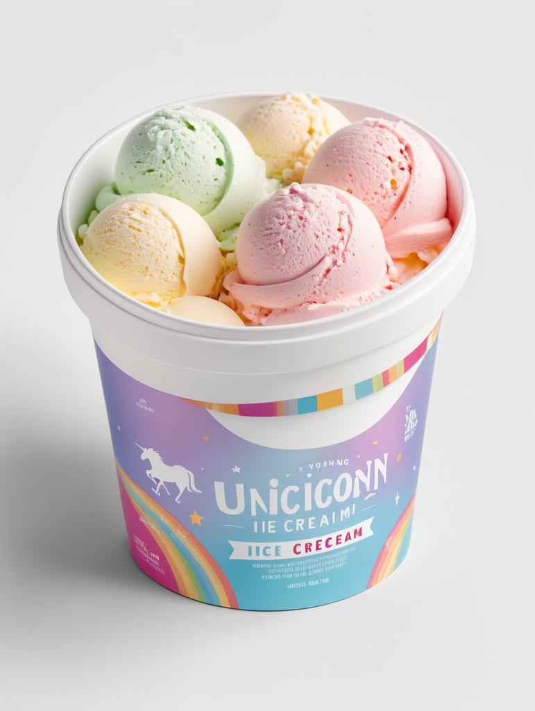 A layout of a packaging for a container of unicorn ice cream. young people