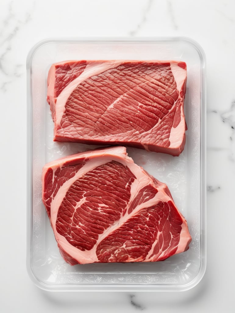 ready of cooking steak new york in a transparent plastic tray, top view, isolated, mockup