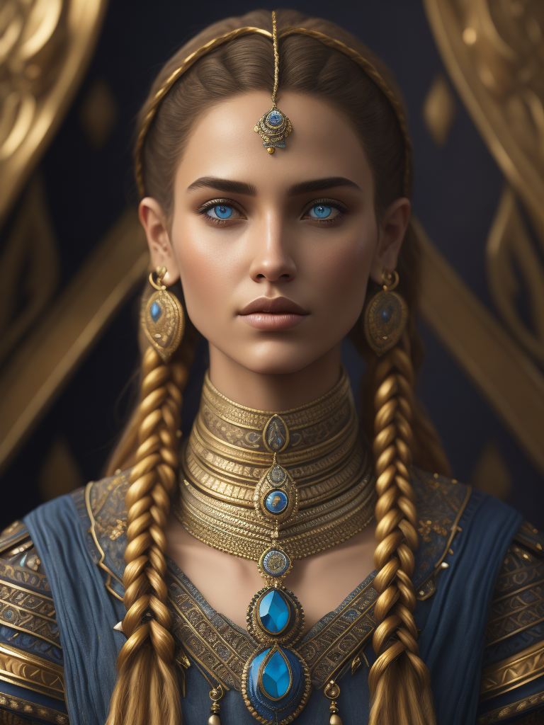 a sultana, golden braids, blue eyes, a Russian girl, a lot of jewelry. gold.