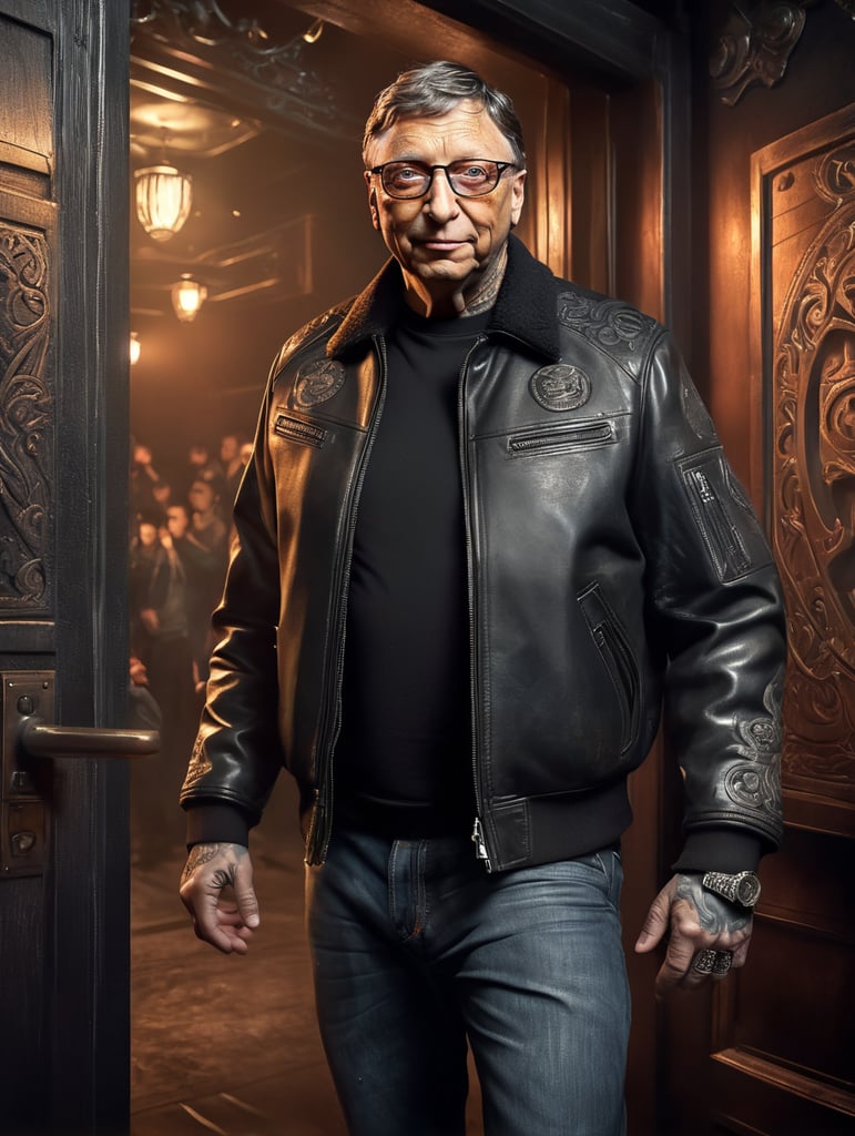 Create an image of Bill Gates as a bouncer with a leather jacket, fanny pack and facial tattoos. He stands at the door of a nightclub.