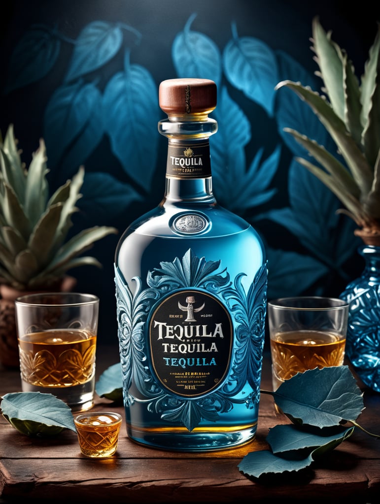 Packaging and branding for a tequila brand as if it had been designed by HI ESTUDIO with In a set design with bricks, Blue agave and dry leaves.