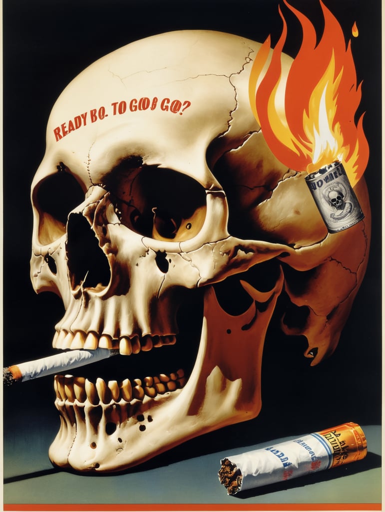 Skull with Burning Cigarette, "Ready to GO" text on poster