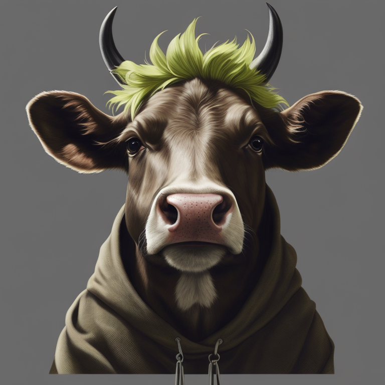 cow smile, portrait, hoodie, green mohawk, vintage, photorealistic illustration, vector, flat, isolated on white background, Painting, Oil, Still Life, Botanical, Italy, style of Giuseppe Arcimboldo