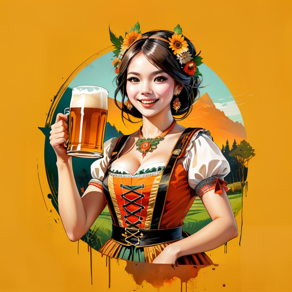 Poster Art for Oktober Fest in German countryside, girl and guy dressed in tracht and drinking beer, new angle