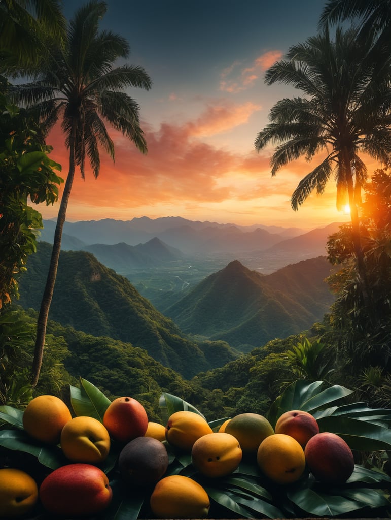 Mango and tropical fruit in a forest in front, unsharp background with sunset vibrant colors nature art scenic horizon mountain range skyline views artistic beauty colorful scenery nature photography sunset inspiration