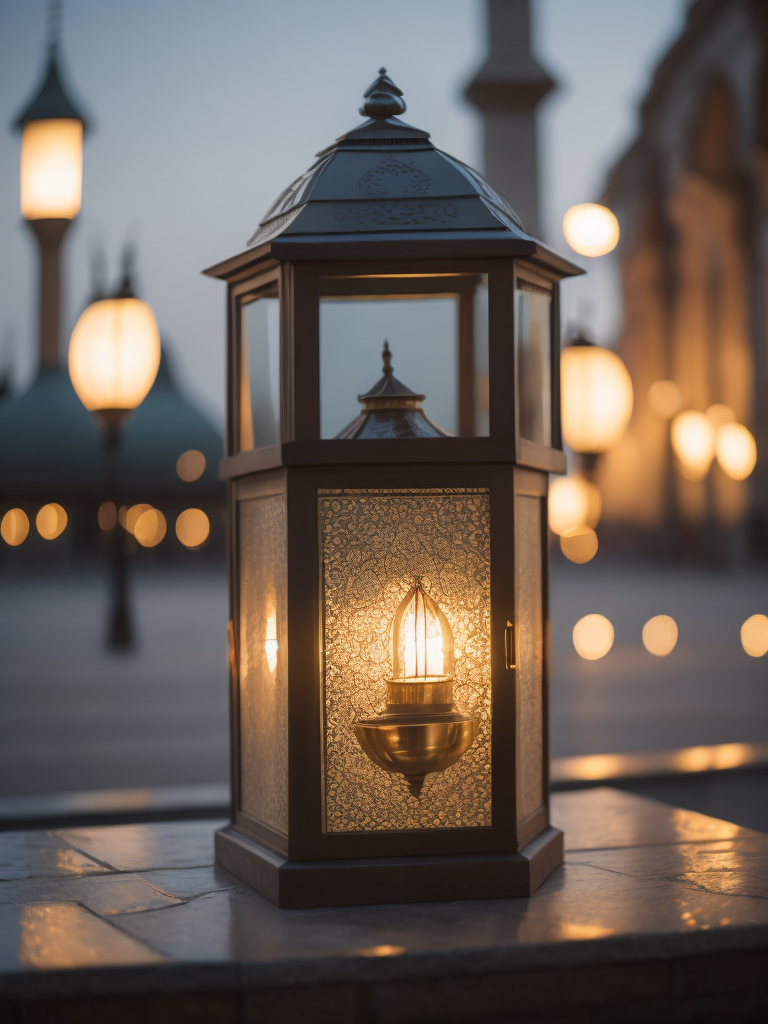 islamic lantern with a blurred mosque