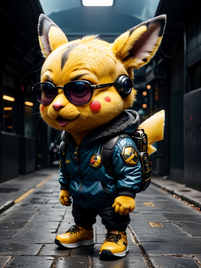 cute stylish Pikachu with a duck nose like Donald Duck, dressed in stylish futuristic sportswear, large sneakers and futuristic glasses