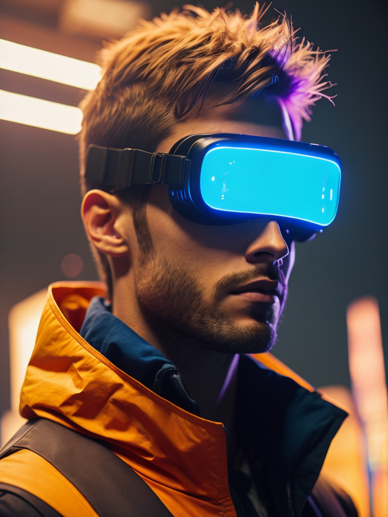 Man wearing virtual reality glasses, cyberpunk style, neon colors, bright colors, bright blue glowing glasses, sharp details, contrasting light