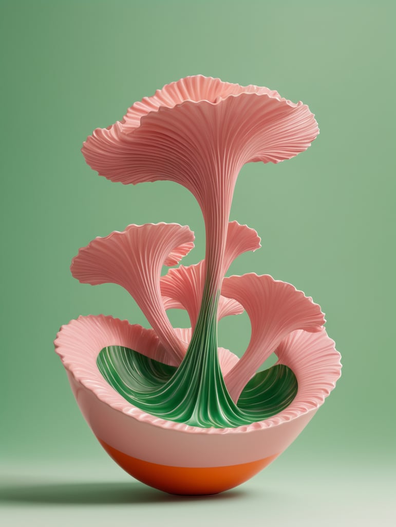 a singular object, floating in mid air, trippy, looks like a seaweed porcelain, structure, gloss, otherworldly, nature, photorealism, y2k, rave, plain pink colour background, light green, pinks, orange, baby pink
