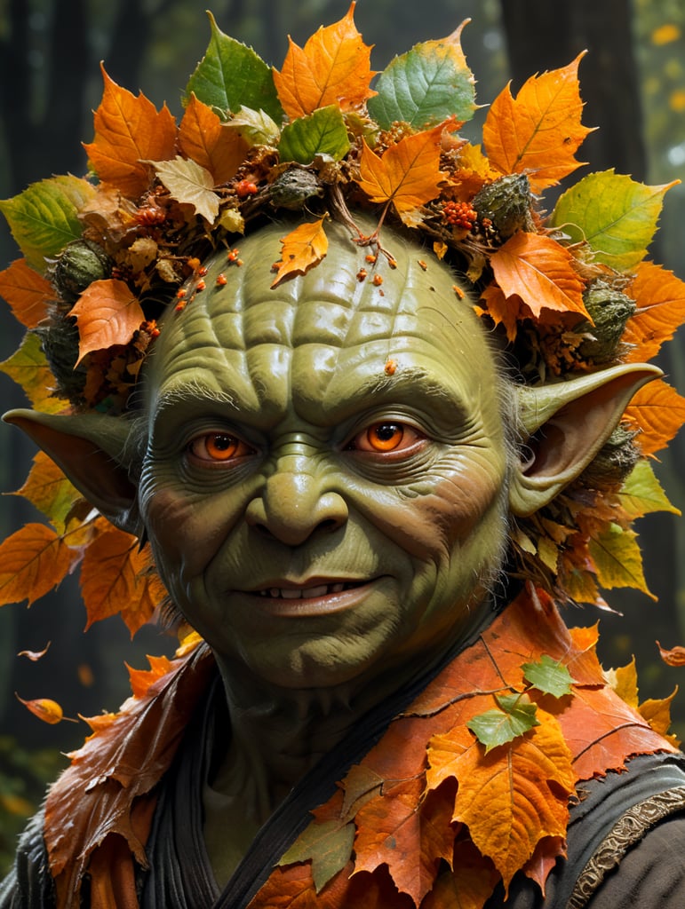 master yoda with autumn leaves in his hair, orange color hairs, looking happy and positive