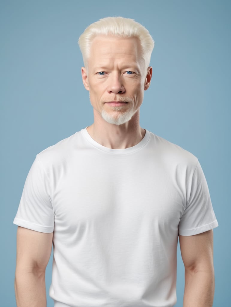 A middle-aged albino man wearing a white T-shirt, Contrasting studio light, isolated, blue background, mockup, mock up