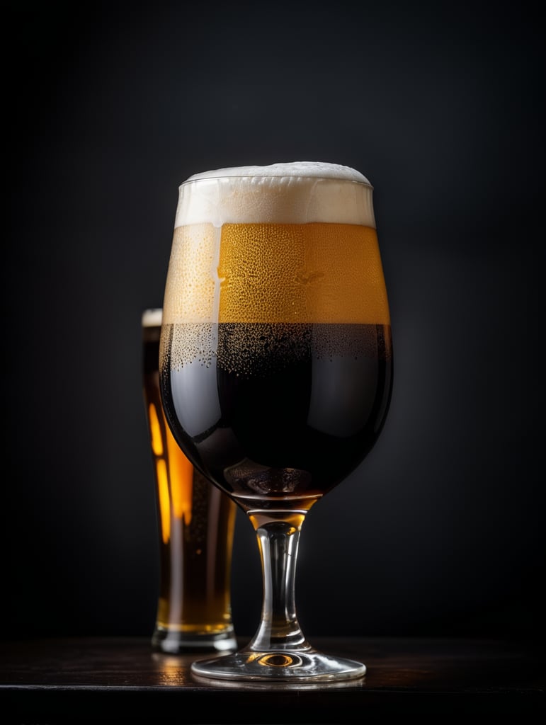 professional photo of a black beer glass, Beer foam coming out of a glass, isolated, black background