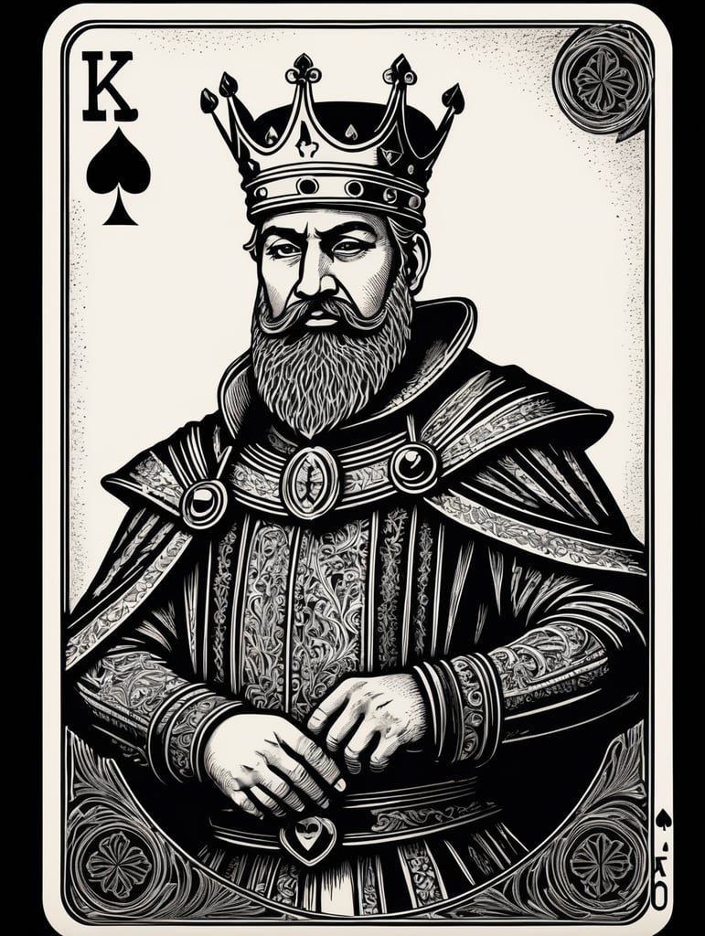 king of clubs playing card, face card, linocut art style, black ink, ultra realism, super detailed, professional shot, bold saturated colors, sharp focus, highly detailed