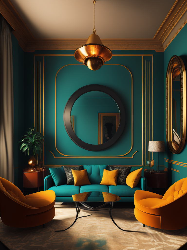 The colorful living room features a colorful sofa in the style of curved mirrors, bold, cartoonish lines, neoclassical style, Filip hondas, moody color schemes, postmodern bricolage, sculptural aesthetics, dark cyan, and light amber